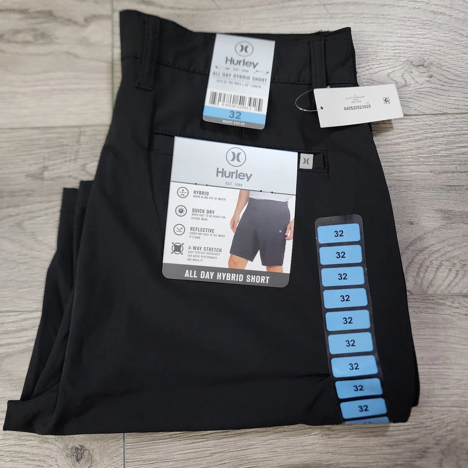 Hurley Men's Black Shorts All Day Hybrid 4-Way Stretch Size 30 Quick Dry