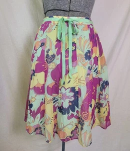 Vintage 90s Y2K Psychedelic Knee Length Skirt Silk Floral Bright Mod Gogo 10 M/L - Picture 1 of 16