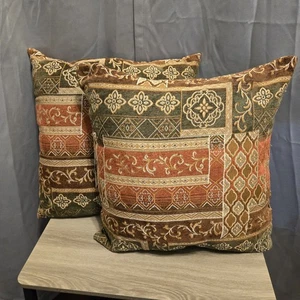 Pair Embroidered Artistic Throw Pillows 18" Burgundy Green Brown Rich Tones - Picture 1 of 7