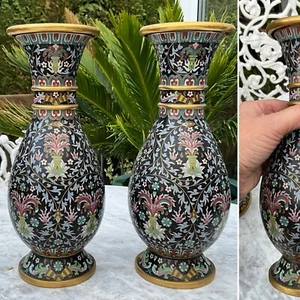 Seltenes ANTIKES PAAR 8" CHINESISCHE FEINE QUALITÄT Cloisonné FUSSVASEN vergoldete Bronze - Bild 1 von 17