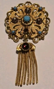 Vintage Signed Florenza Renaissance Goldtone Tassel Brooch Pin Red & Teal Stones - Picture 1 of 8