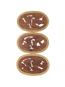 Vintage Hand Carved Teak And Rattan Oval Place Mats 37cm Lot Of 3 - Picture 1 of 6