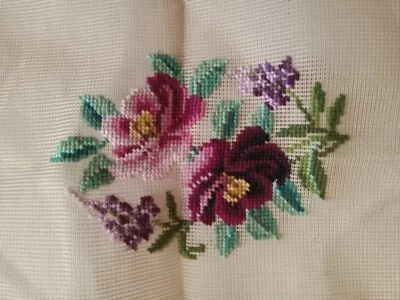 Oval "Purple & Pink Flowers" Needlepoint Canvas - Center Pre-Stitched  14.5"x18" - Image 1 of 3