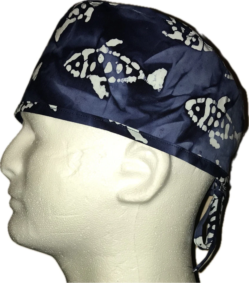 Batik Fish On Blue Scrub Hat Chemo Cap - Image 1 of 1