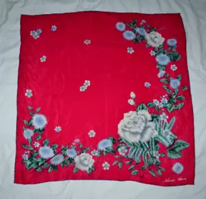 Bufanda de seda HANAE MORI rosa oscuro gris azul floral hojas verdes borde enrollado - Imagen 1 de 8