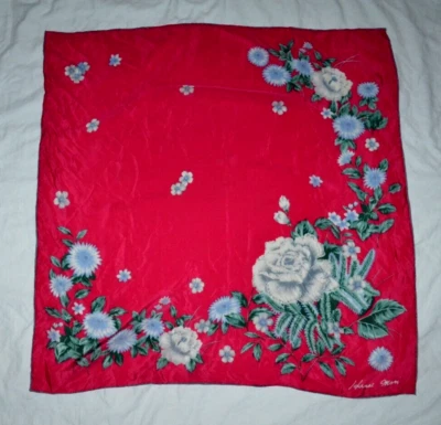 Bufanda de seda HANAE MORI rosa oscuro gris azul floral hojas verdes borde enrollado Foto 1 de 4