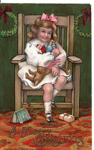 T11-80045 Antique Christmas Postcard embossed circa 1905 Girl with her Presents - Picture 1 of 2