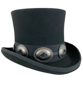 Black 100% Wool Felt Top Hat Concho Band Victorian Costume Slash Mad Hatter USA - Picture 1 of 14