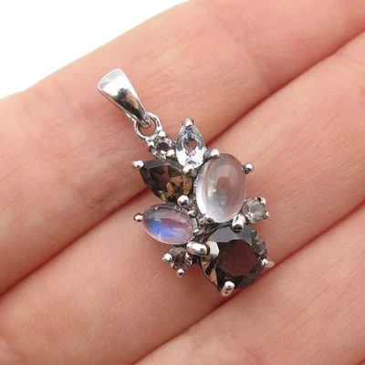 925 Sterling Silver Real Smoky Quartz Blue Topaz & Moonstone Charm Pendant - Image 1 of 4