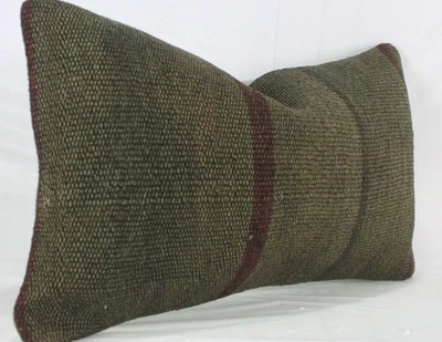 Decorative Brown Red Turkish Kilim Lumbar Pillow Cover 12x20 Brown Kilim Cushion - Image 1 of 4
