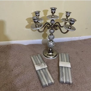 Elegant Silver and Rhinestone Candelabra with Candles - Picture 1 of 6