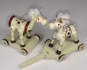 Midwest Importers 2 Vintage Pull Horse 4” Ornaments – 1980s Wooden Holiday Décor - Picture 1 of 9