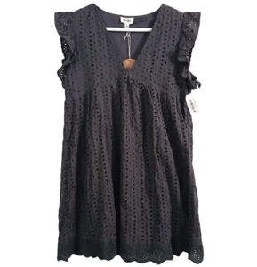NEW Bibi Eyelet Lace Mini Dress Womens Small Charcoal Ruffle Lined Baby Doll - Picture 1 of 12