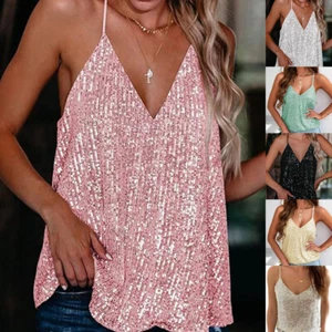 Womens Glitter Sequins Tank Tops Strappy V Neck Blouse Summer T Shirts Vest SIZE - Picture 1 of 24