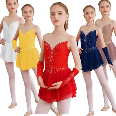 Girls Rhinestone Ballet Leotards Dance Dress Mesh Patchwork Figure Skting Dress - Image 1 of 4