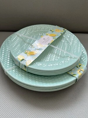 Trina Turk Aqua Basket Weave Melamina 4 Ensaladas y 4 Platos de Cena Juego de 8 Piezas NUEVO Foto 1 de 4