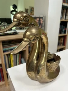 Rare Vintage Mid Century Hollywood Regency Double Headed Brass Swan Planter Vase - Picture 1 of 7