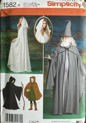 Costume Cape Cloak Pattern Simplicity 1582 Adult Teen XS-XL  Hobbit Wizard Hat - Image 1 of 4