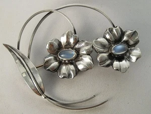 MCM handgefertigte 1940/50er große 3,5" Blume Sterling Modernist Mondstein Retro Anstecknadel - Bild 1 von 7