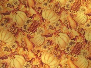 5 YDS GOLDS TANS PUMPKIN HARVEST SCENE SOME SPARKLE 100% COTTON OOP - Picture 1 of 4