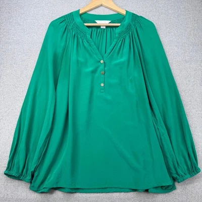 Lilly Pulitzer Elsa 上衣 100% 真丝 V 领缩褶衬衫上衣绿色 L 码 — 第 1/4 张图片