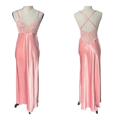 VTG Fernando Sanchez Pink Satin Lace Long Slip Dress Nightgown USA S - Image 1 of 4