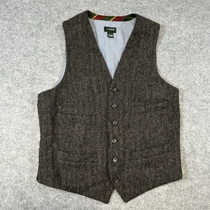 J Crew Vest Mens Small Brown Wool Herringbone Moon British Cloth Tweed Lined - Picture 1 of 8