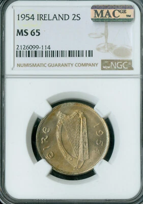 1954 IRELAND 2 SHILLINGS NGC MS65 PQ 2ND FINEST GRADE MAC SPOTLESS * - Image 1 of 2