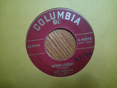 COLUMBIA 45 RECORD/JUDY GARLAND/WITHOUT A MEMORY/SEND MY BABY BACK TO ME/EX - Image 1 of 2