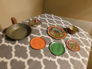 Metal Doll Dish Lot Vintage Mouse + Pie Tin Pot Lid