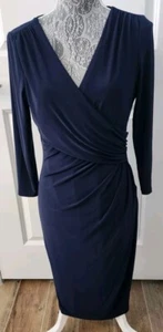 Lauren Ralph Lauren Belted 3/4 Slv Surplice Navy size 8 Faux Wrap Stretchy Sexy - Picture 1 of 9