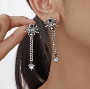 Spider Earrings Skull Retro Pearl Stud CZ Silver Gothic Chain - Picture 1 of 8