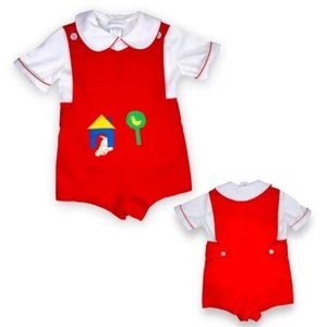 Vintage Puppy Dog Appliqué Shortalls Romper Peter Pan Collared Outfit 18m 24m - Picture 1 of 19