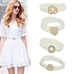 Women's Pearl Ladies Dress Elegant Flower Heart Waist Belt Elastic Chain Belt - Picture 1 of 35