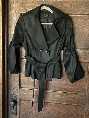 Samuel Dong Black Career Short Trench Jacket Coat Sz S Gathered Sleeve Collar - Image 1 of 4