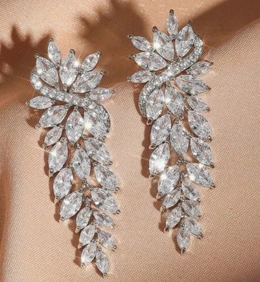 Cubic Zirconia Long Chandelier Drop Dangle Earrings Pageant Silver Plated - Image 1 of 4