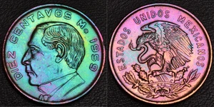 1959 Mexico Diez 10 Centavos Rainbow Toning (L39-17) - Picture 1 of 3