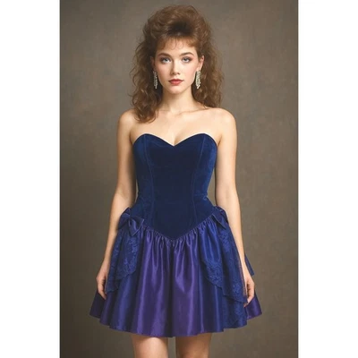 Vestido de fiesta vintage de terciopelo azul sin tirantes de encaje satinado talla Glam Rock años 80 Foto 1 de 4