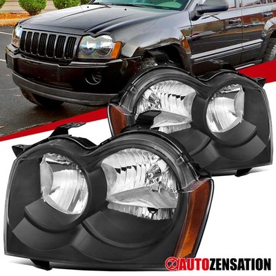 Black Fit 2005-2007 Jeep Grand Cherokee Headlights Headlamps Left+Right 05 06 07 - Image 1 of 4