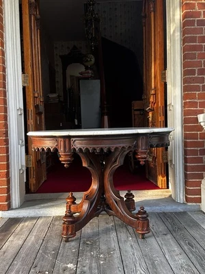 Antique Large RARE Original 1850 Rosewood Gothic Marble Turtle Top Parlor Table - Image 1 of 4
