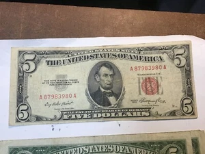 1963 or 1953 Five Dollar Red Seal $5 Red Seal Note US, 1 note - Picture 1 of 8