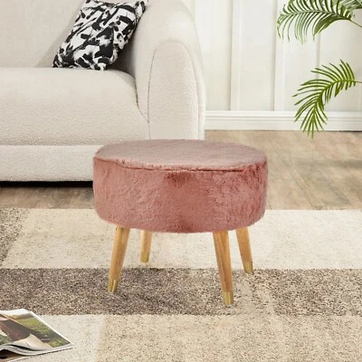 Modern Oval Faux Fur Ottoman Plush Padded Pouf w/ Wood Legs for Cozy Home Decor - Image 1 of 4