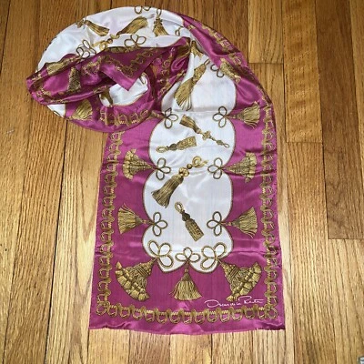 Bufanda de seda para mujer Oscar de la Renta rosa blanca con detalle de borla dorada Foto 1 de 4