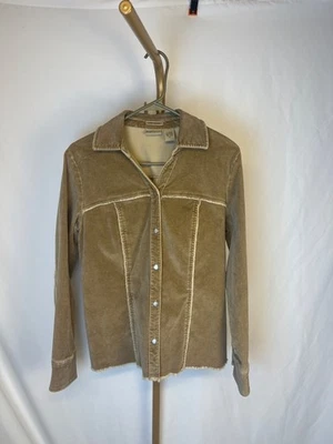 Chaqueta abotonada vintage tallada con volantes tostada mediana con botones de búfalo costuras deshilachadas Foto 1 de 4