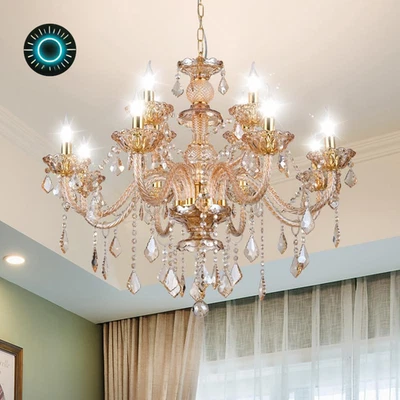 Lámpara de araña de cristal K9 de lujo 12 luces ámbar dorado cristal iluminación colgante techo  Foto 1 de 4