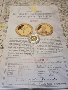 Goldmünze Spanien Gold Gedenkmünze Olympischen Spiele 1992 3,37g 999 Taekwondo - Picture 1 of 4