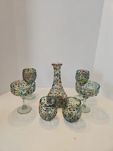 7er Set mundgeblasene mexikanische Kunst Konfetti Glas Trinkgeschirr Becher/Wein - Bild 1 von 7