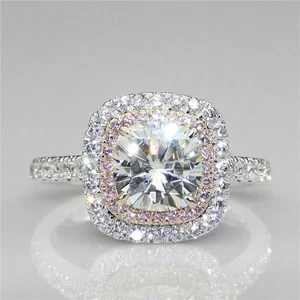 Anillo de halo de diamantes creado en laboratorio redondo rosa cojín blanco d... - Imagen 1 de 7