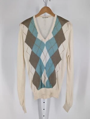 Vintage 1973 Italian Linen Knit Argyle V Neck Sweater Chieti Size 52 Mod Italy - Image 1 of 4