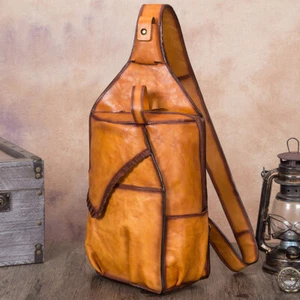 Genuine Leather Large Sling Bag for Men Real Leather Crossbody Bag Chest Purse - Picture 1 of 14